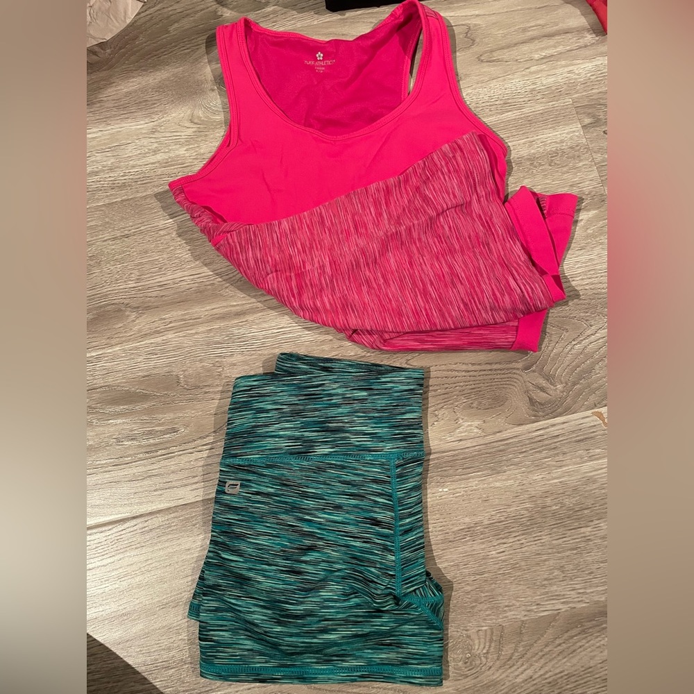 Fabletics teal-blue bike shorts with pocket & pink top with built in sports bra
